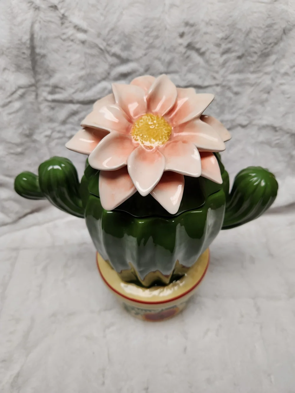 Cracker Barrel Green Cactus Cookie Jar with Peach Flower